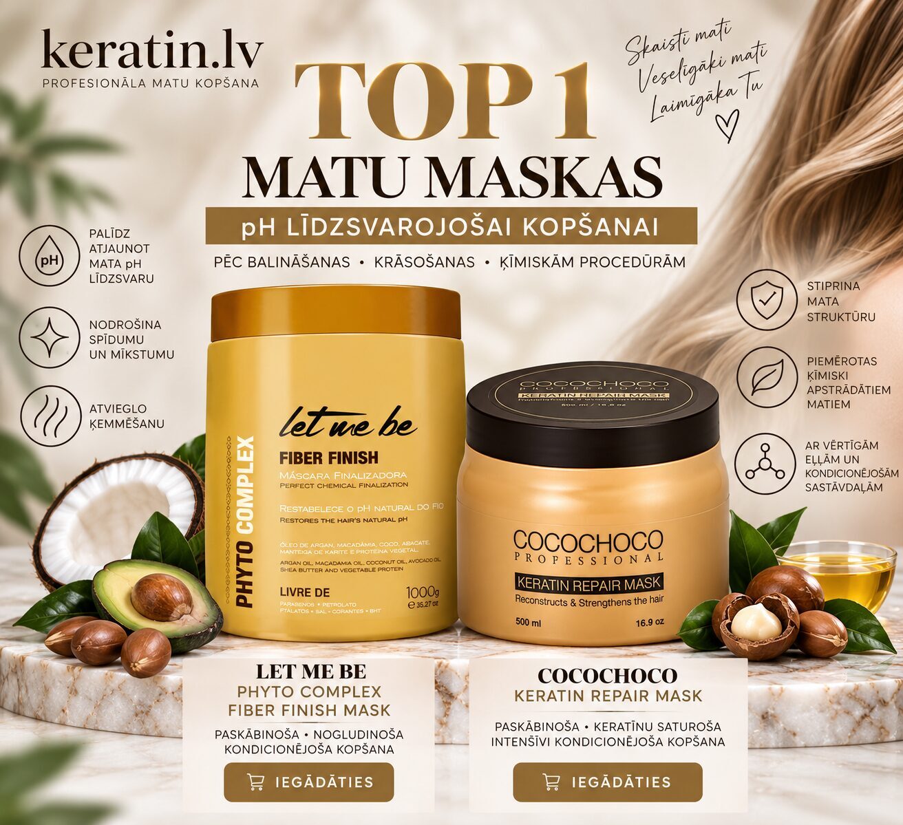 TOP 1 matu maskas pH līdzsvarojošai kopšanai pēc ķīmiskām procedūrām